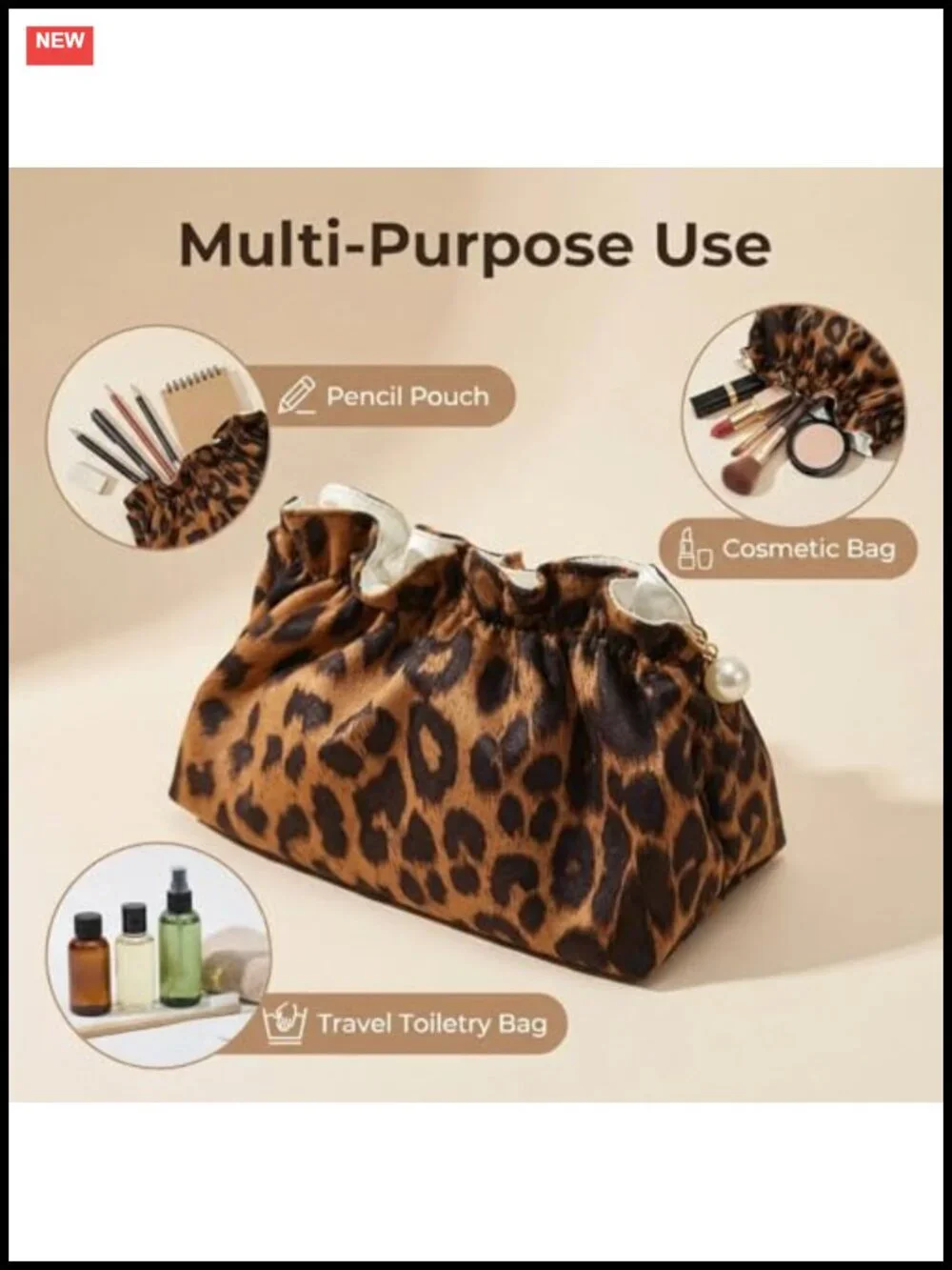 Leopard Makeup Bag Cosmetic Pouch Travel Toiletry Organizer Pearl Zipper